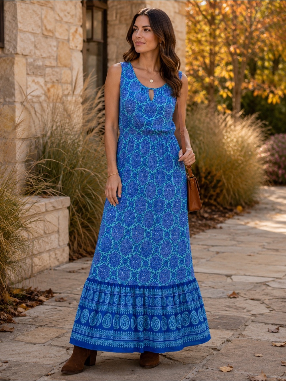 Talbots Blue Turquoise Medallion Paisley Maxi Dress L Cotton Modal